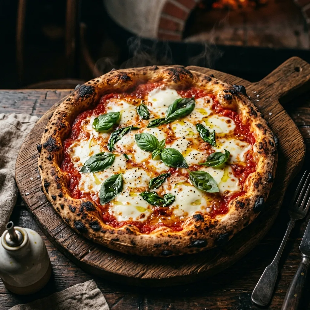 Pizza margherita cotta al forno con basilico