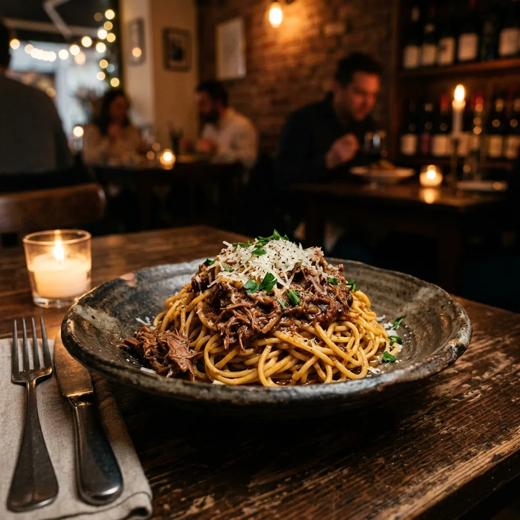 Piatto gourmet pasta taglioni al ragù di cinghiale